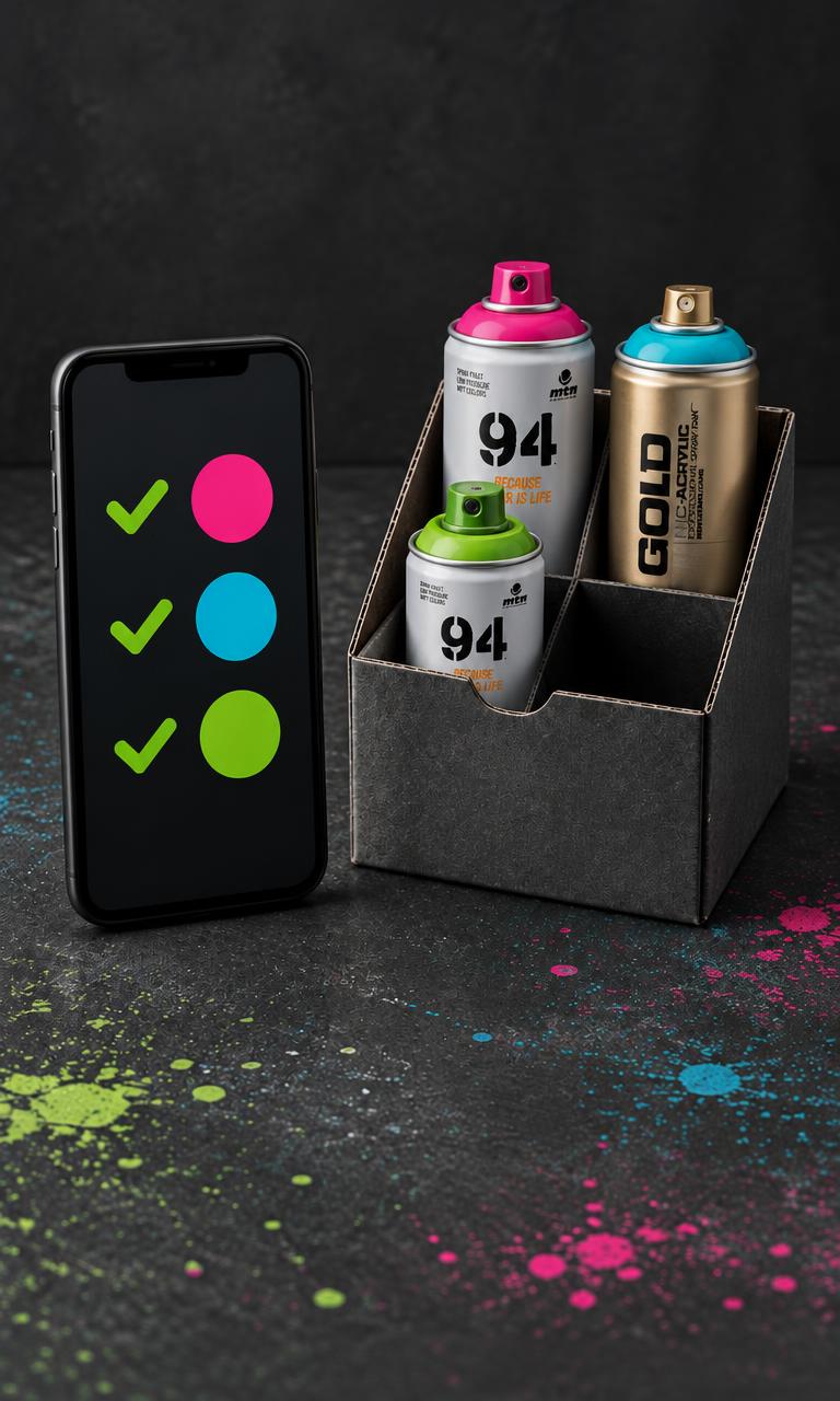 Illustratie van een kleurenbestellijst op een smartphone naast een doos spuitbussen
